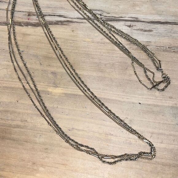 Long Vintage Gold Tone Triple Strand Necklace 53” Long - Picture 1 of 7